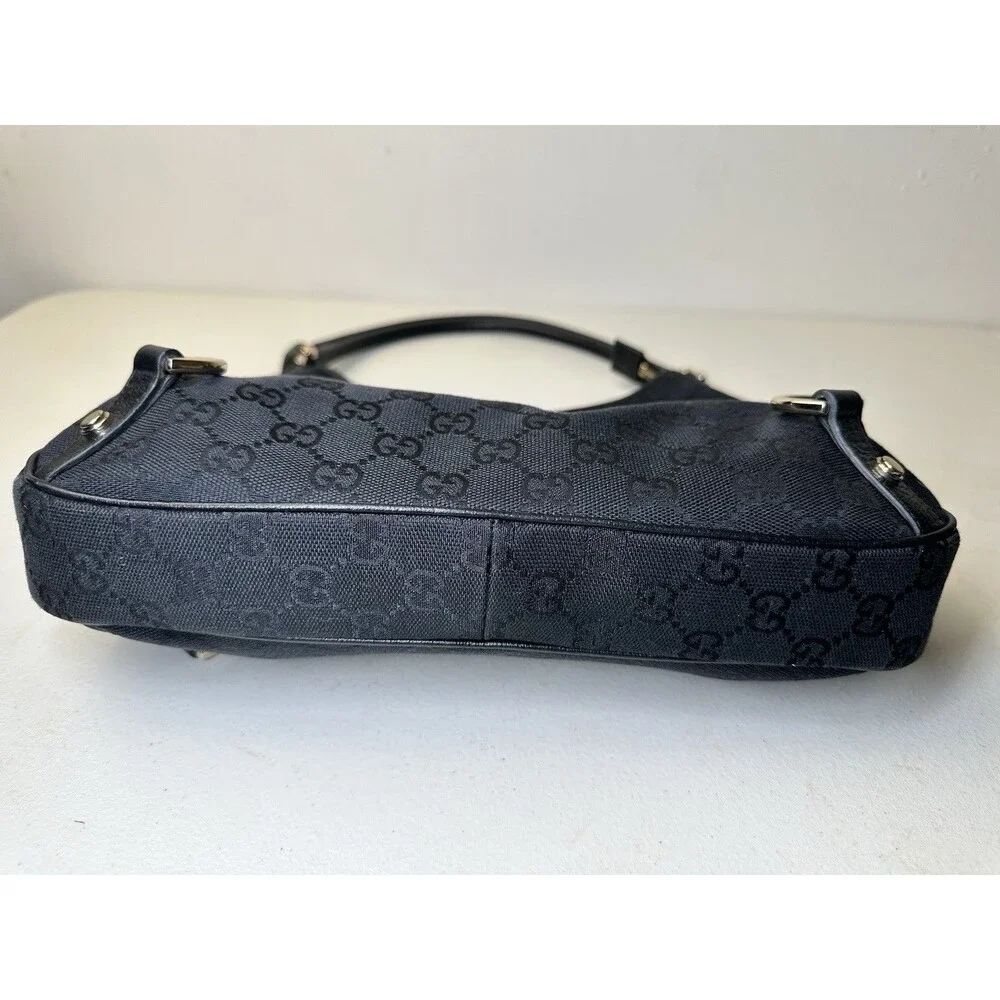 Gucci Vintage Abbey Hobo Bag Black GG Canvas Leather Trim D-Ring
